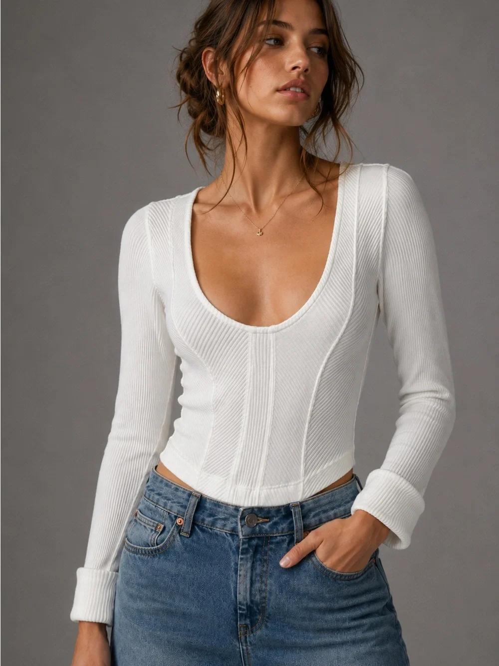 Free People White Ribbed Long Sleeve Crop Top Fitted Size M (RUNS SMALL)